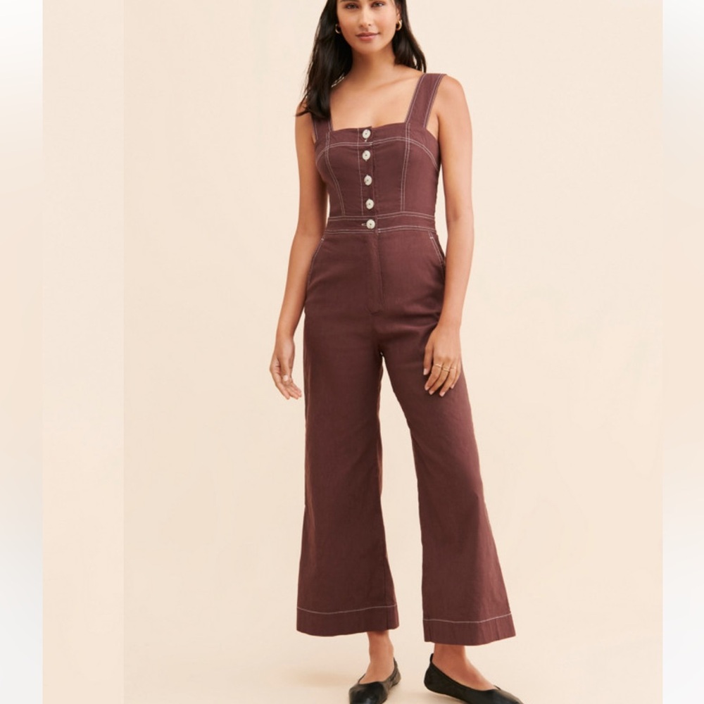 Maeve Brown Wide-Leg Jumpsuit with Contrast Stitching - Picture 2 of 13